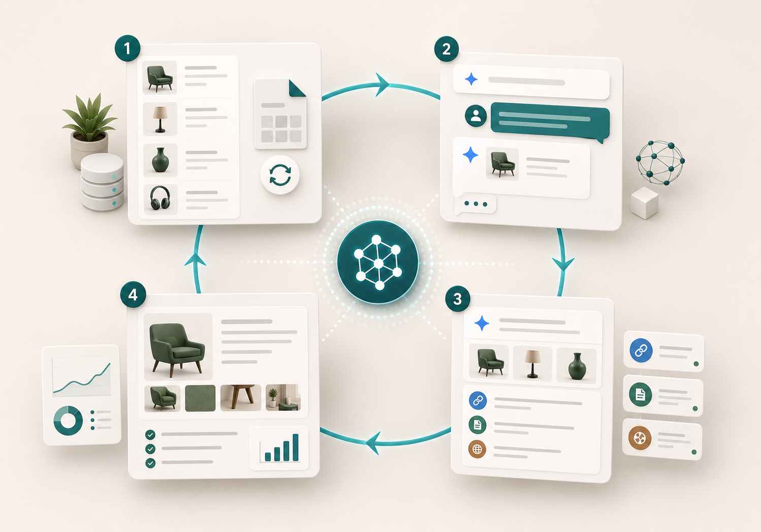 GEO feedback loop connecting fresh store context, AI answers, cited sources, and content improvements.
