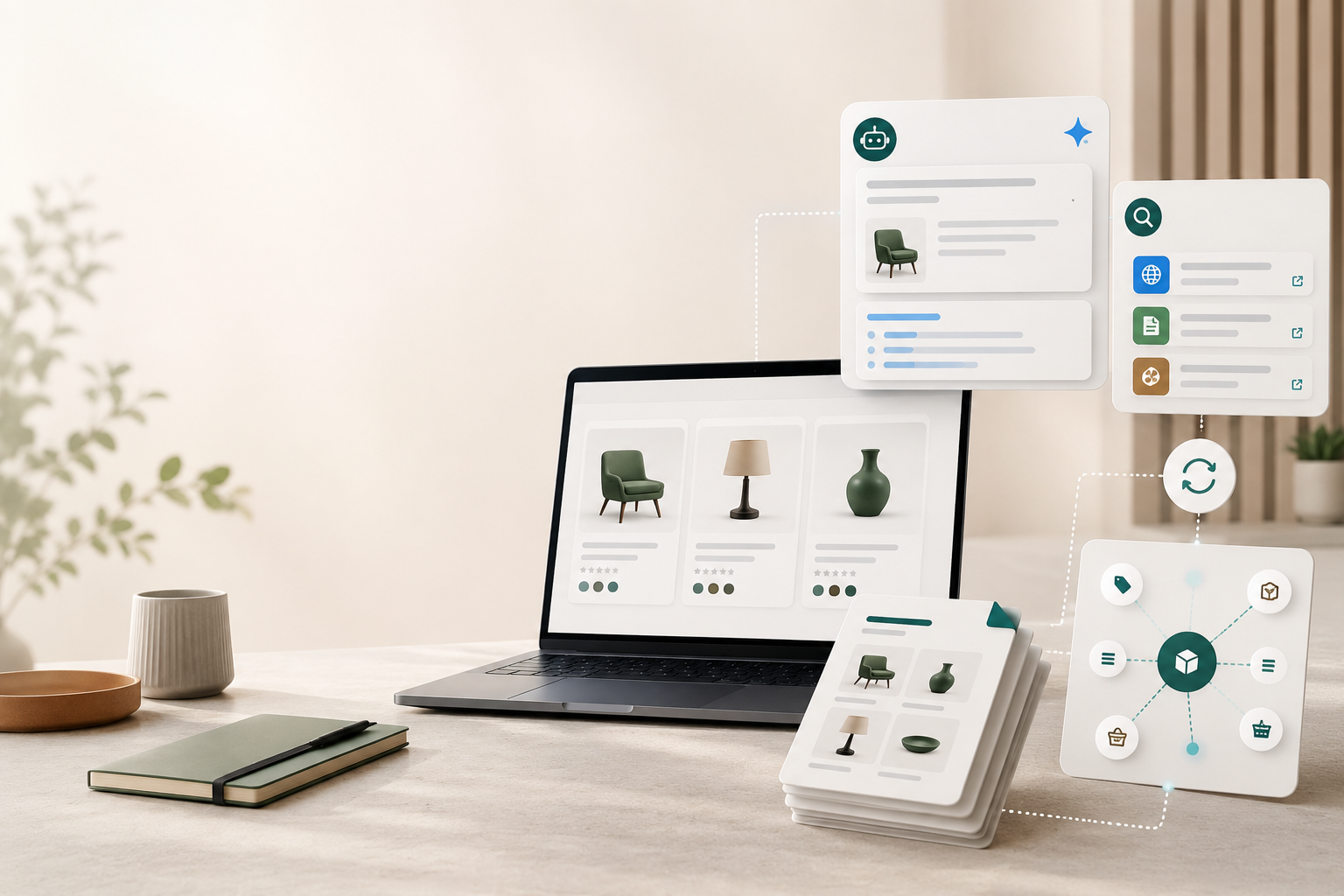 Ecommerce AI discovery workflow showing catalog context, answer panels, and source signals.