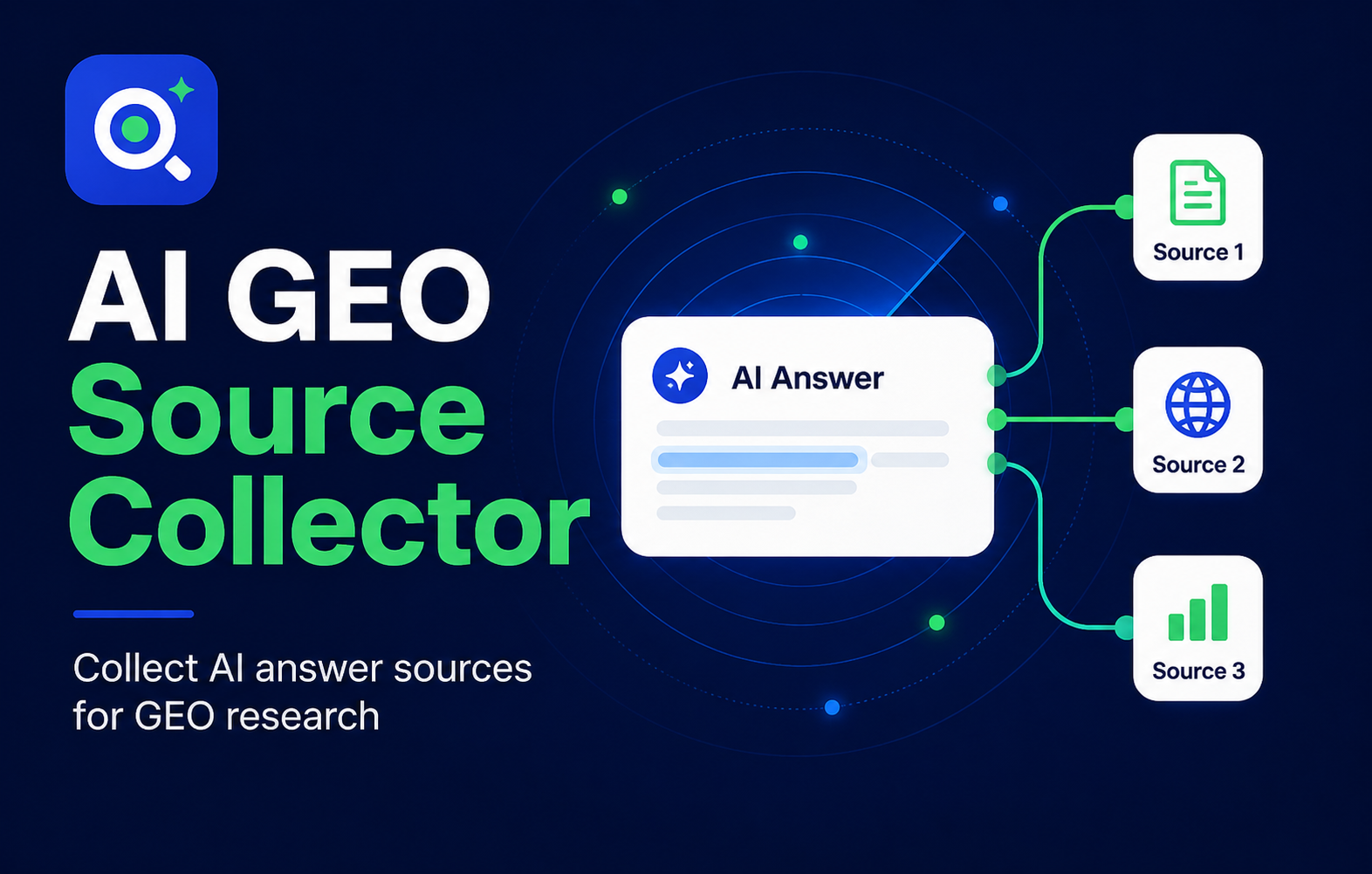 AI GEO Source Collector promotional visual showing AI answer sources connected to citation cards.